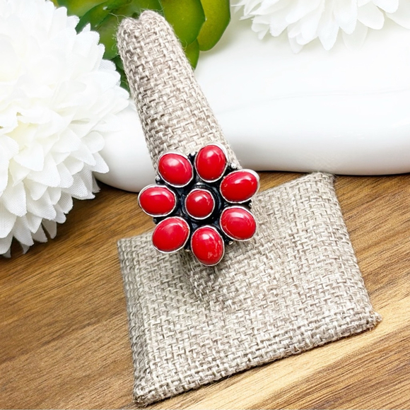 Red Coral Ring Size 9 Sterling Silver 925 Flower Cluster Vintage Southwest - Picture 4 of 10